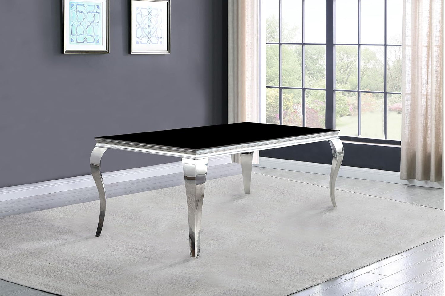 Modern Black Glass Dining Table – Elegant Rectangular Table with Chrome Accent Legs