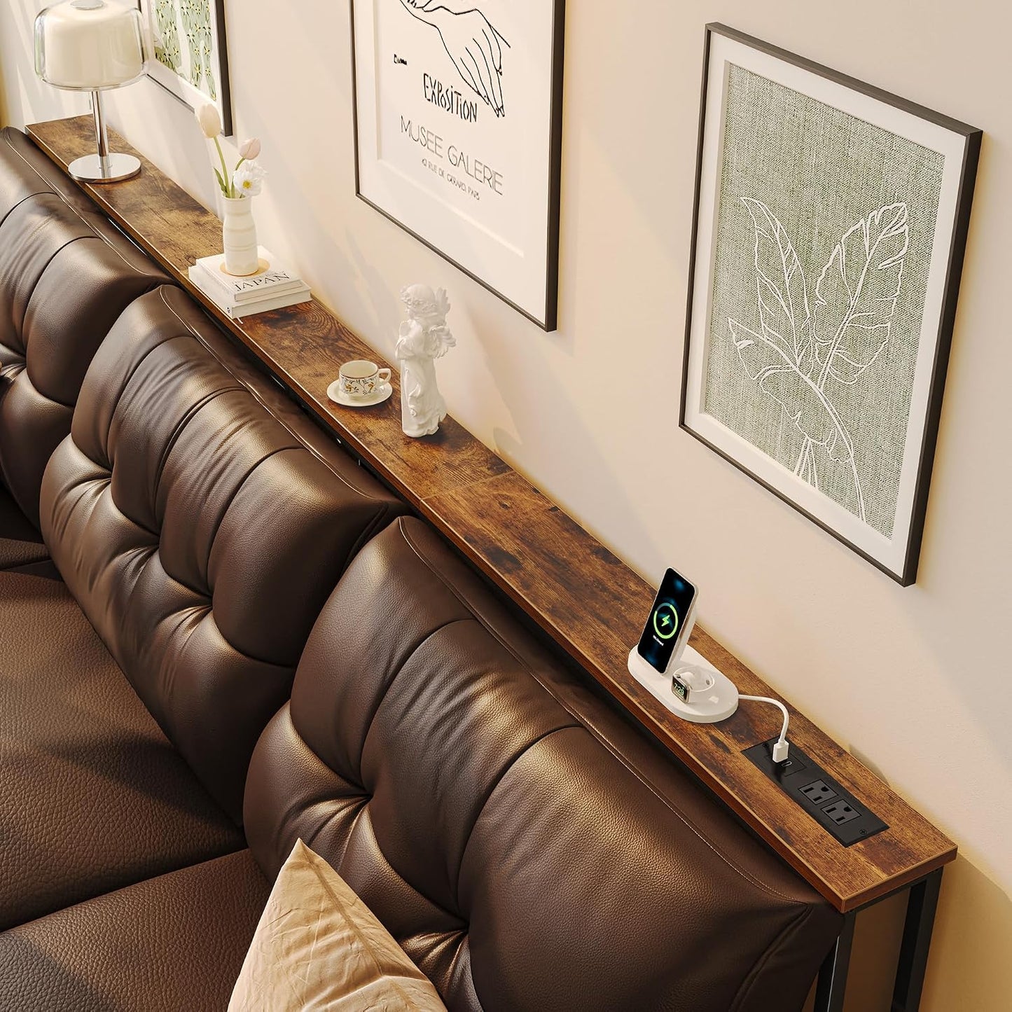 Narrow Sofa Console Table with Charging Station – Slim Behind-the-Couch Table for Small Spaces