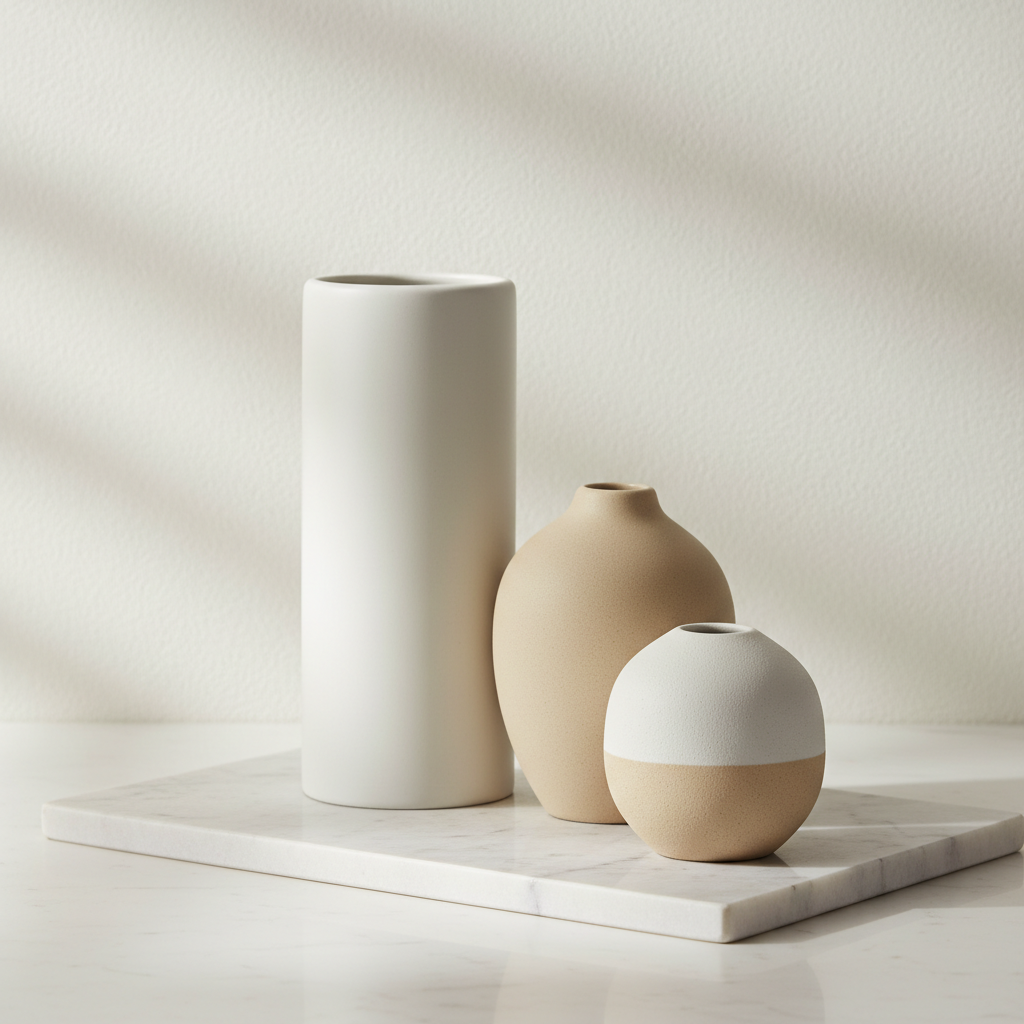 Set of three ceramic vases on marble surface