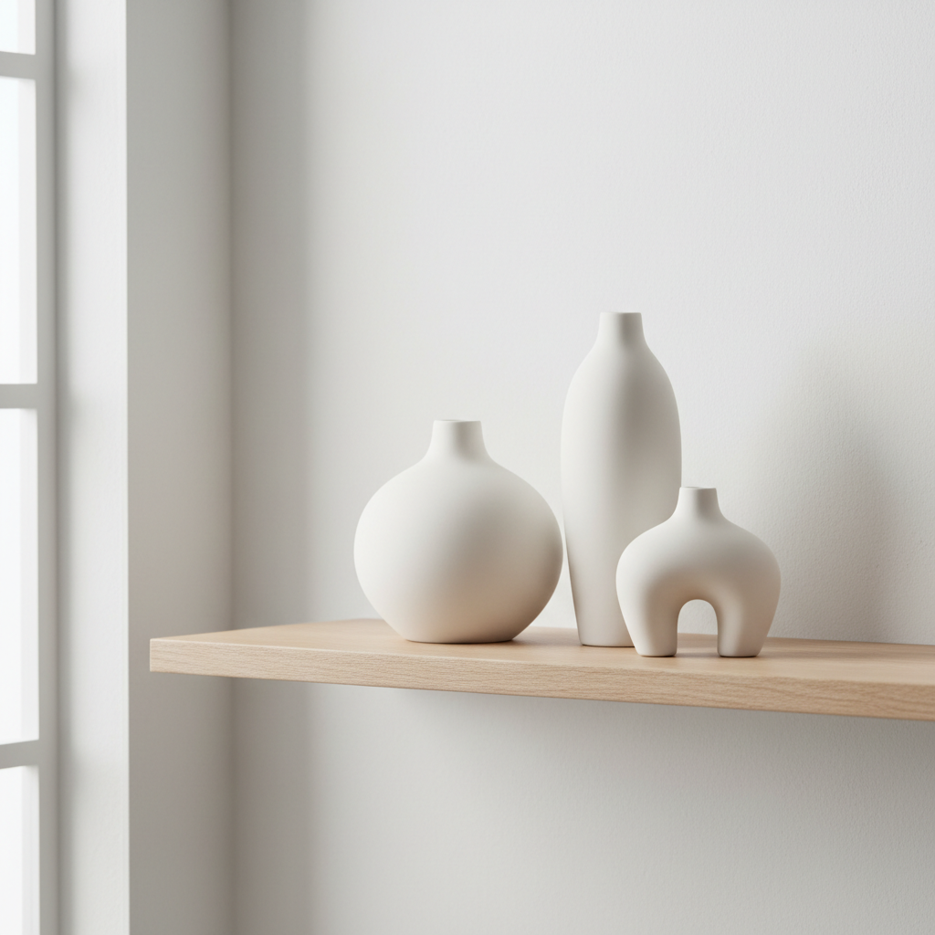 Minimalist ceramic vase set on wooden shelf
