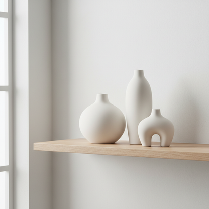 Minimalist ceramic vase set on wooden shelf