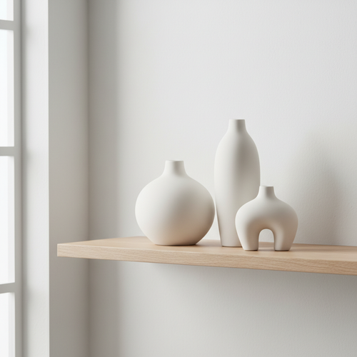 Minimalist ceramic vase set on wooden shelf