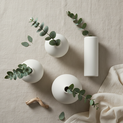 Flat lay of ceramic vases with eucalyptus